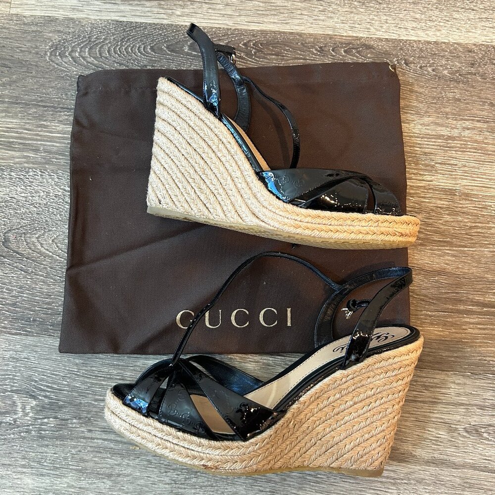 Gucci Monogram Vernice Microguccissima Espadrille Wedges Size 39.5